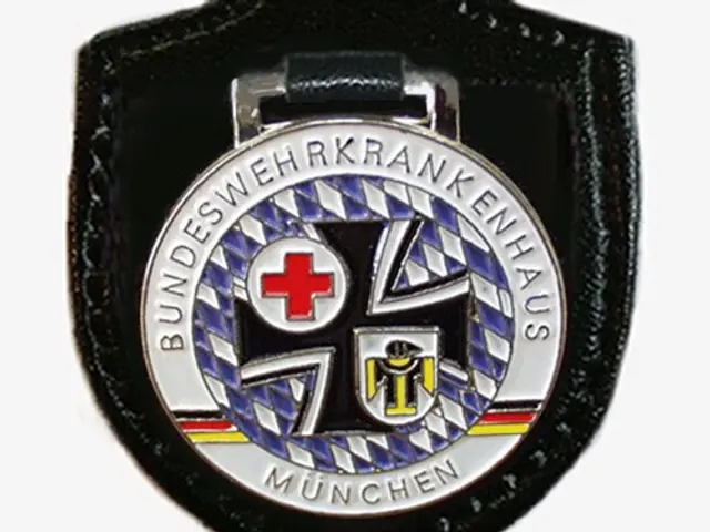 The image shows a black leather patch with a red cross on it, which is the logo of the German Red...