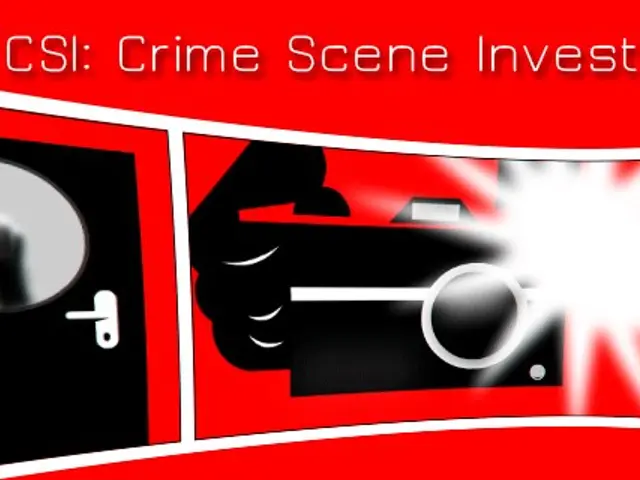 The image shows a red poster with the words "CSI Crime Scene Investigation" written in bold white...