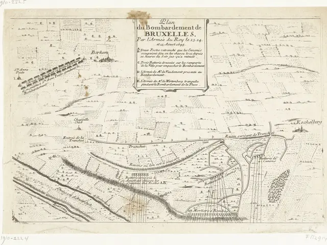 The image shows an old map of the city of Brussels, Belgium, with text written on it. The map is...