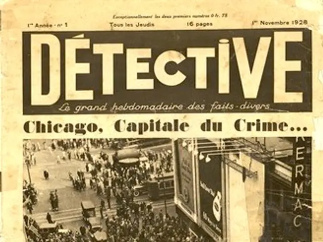 The image shows an old newspaper with a picture of a crowd of people and vehicles on the road, with...