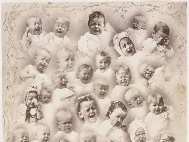 The image shows an old photo of a group of babies in a bowl with the words "Good Night" written at...