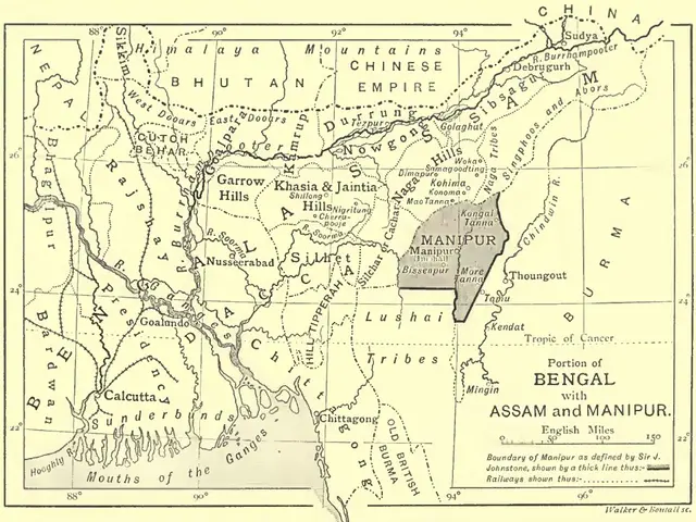 The image shows a poster with a map of Bengal, Assam and Manipur, with text written on it. The map...