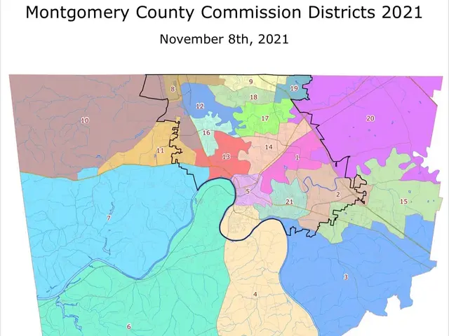 The image shows a map of the Montgomery County Commission Districts in 2021, with different colors...