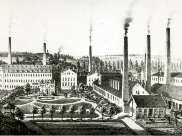 The image shows a black and white drawing of a factory with smoke coming out of its chimneys,...