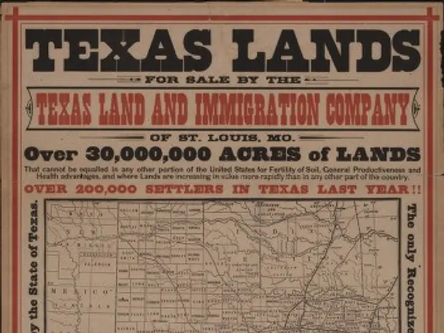The image shows an old map of the Texas Land and Immigration Company on a black background. The map...