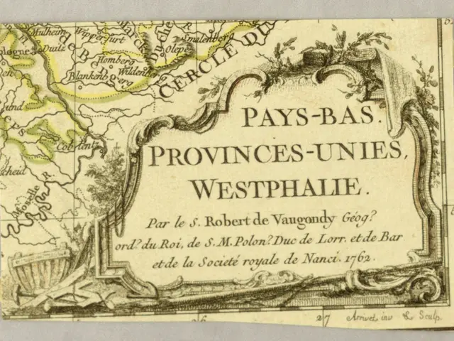 The image shows an old map of the provinces of Westphalia on a piece of paper with text written on...
