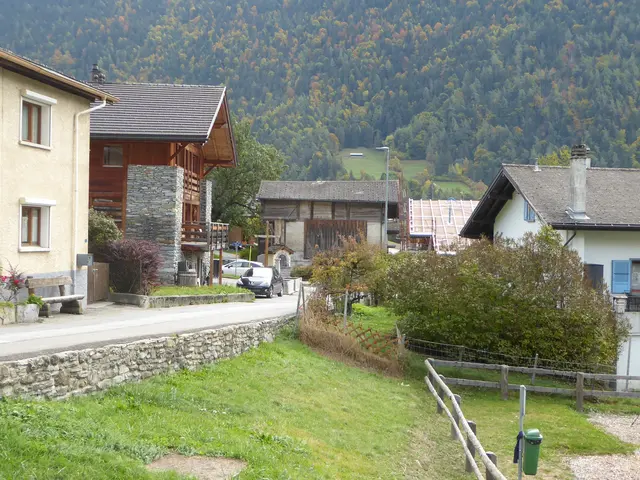 The image shows a small village with houses, trees, plants, grass, a wooden fence, a slide, a...