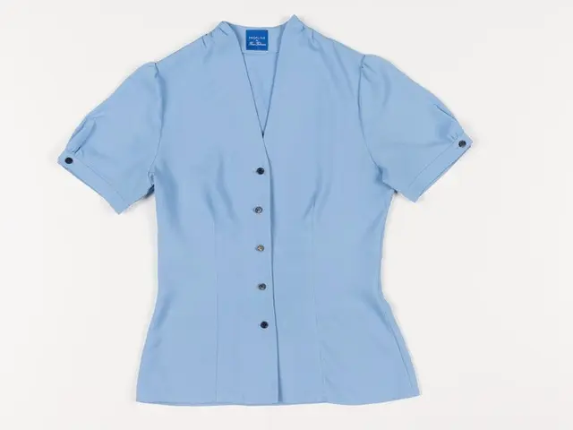 The image shows a light blue scrub top with a v-neck and short sleeves, set against a white...