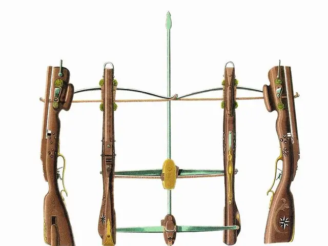The image shows a drawing of a crossbow with a bunch of different types of guns attached to it,...