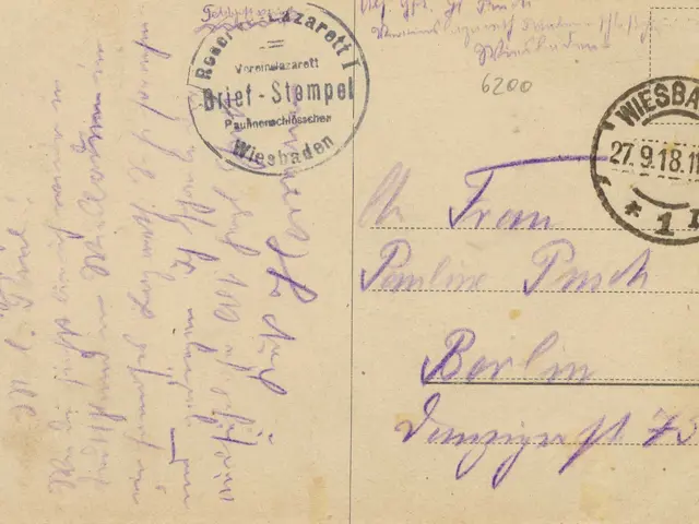 The image shows an old postcard with a purple stamp on it, which reads "Wiesbaden, Germany - 1st...