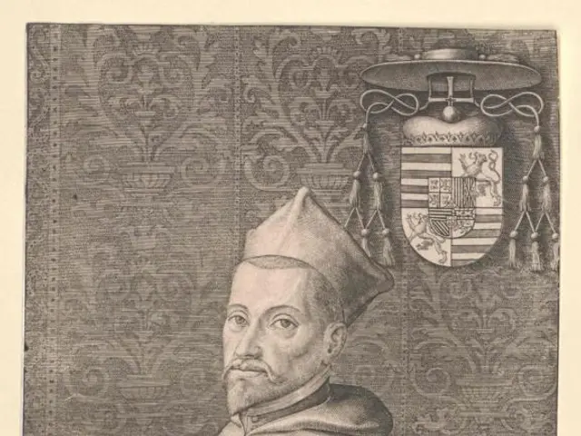 The image shows an engraving of a man in a priest's robes and hat, identified as Albrecht D....
