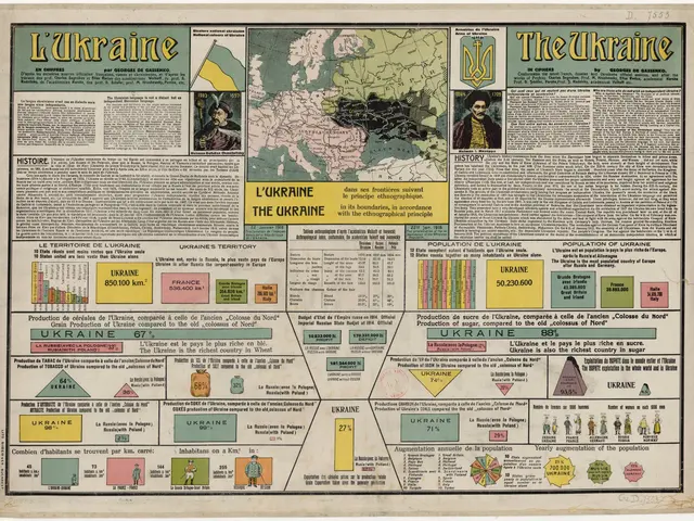 The image shows an old newspaper with a map of Ukraine on it. The map is filled with text and...