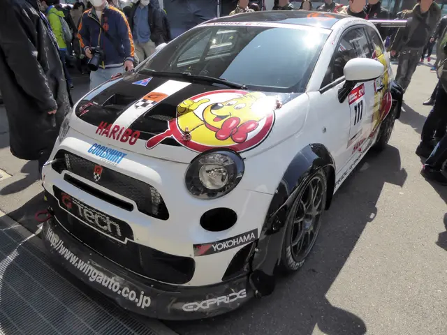 The image shows a small white car parked in front of a crowd of people, some of whom are wearing...
