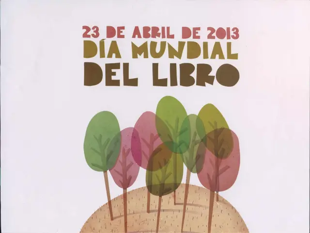 The image shows a poster for the 23rd International Day of the Library, featuring a cartoon image...