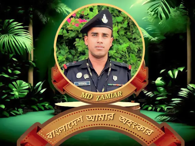 The image shows a man in a police uniform standing in front of a green background with trees in the...