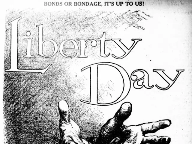 The image shows a poster with a drawing of a person's hands tied with a chain, with the words...