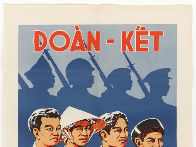 The image shows a Vietnam War propaganda poster featuring a group of men wearing hats, with text...