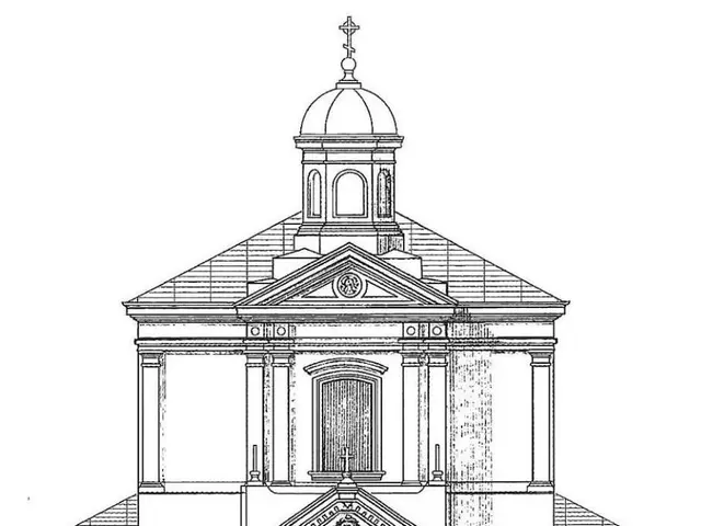 The image shows a drawing of a church with a dome on top, which is the first presbyterian church of...