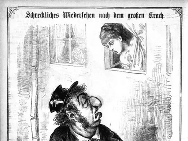 The image shows a cartoon of a man in a top hat and a woman in a dress, with a wall, window,...