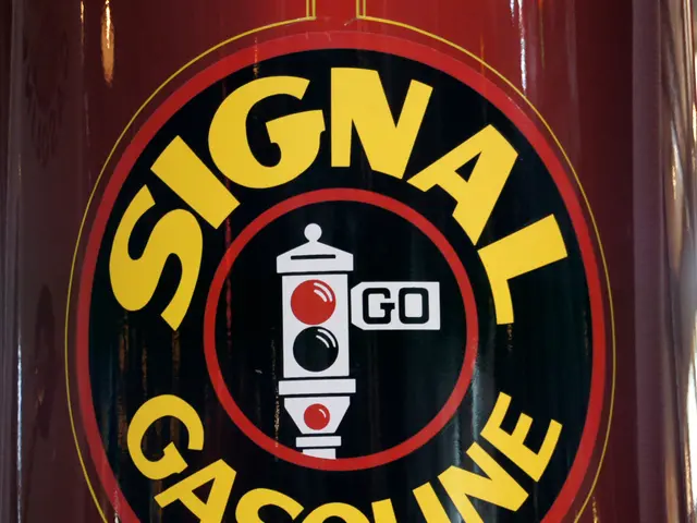 The image shows a red gas can with a sign that reads "Signal Gasoline" on it. The can is...