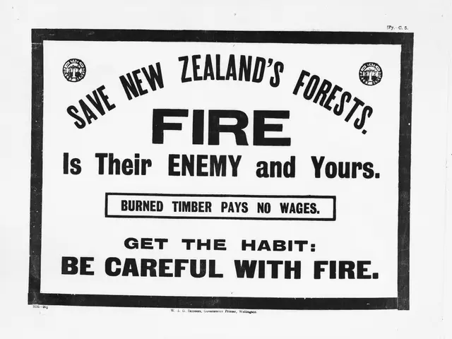 The image shows a black and white poster with the text "Save New Zealand's Forests, Fire is their...