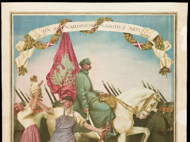 The image shows a Polish propaganda poster for the Polish Revolution. It features a group of...