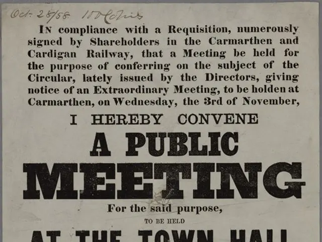 The image shows an advertisement for a public meeting at the town hall in Cardigan on Monday, 1st...