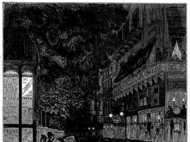 The image shows a black and white illustration of a crowd of people in a city street, with a...