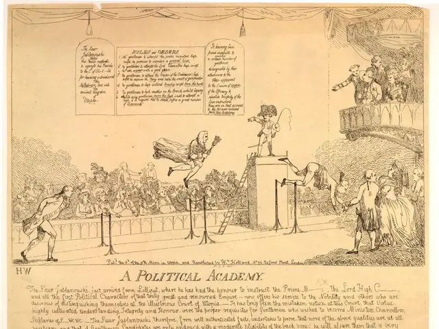 The image shows a political academy with a drawing of a man on a stage in front of a crowd. The...