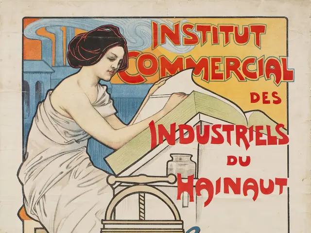 The image shows a poster advertising the Institut Commercial des Industriels du Hainaut, featuring...