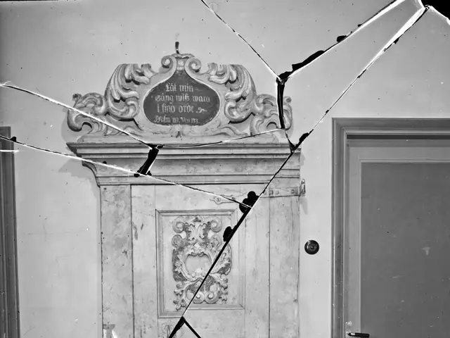 The image shows a black and white photo of a broken door in a room with a wall in the background....