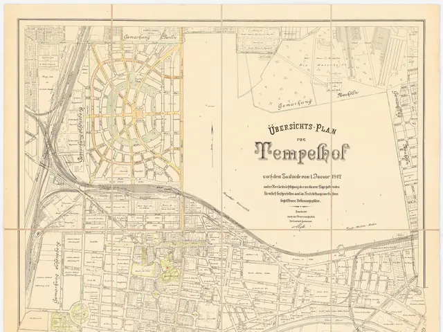 The image shows an old map of the city of Tempelhof, Germany, with text written on it. The map is...
