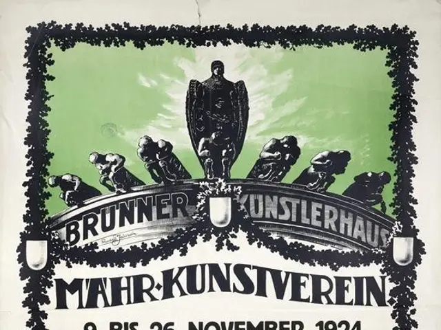 The image shows an old German propaganda poster from 1924 depicting a group of people standing in...