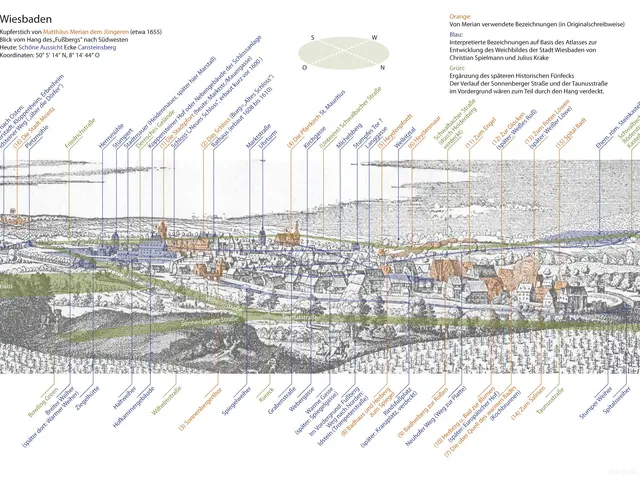 The image shows a map of the city of Wiesbaden, Germany, with a white background and text detailing...