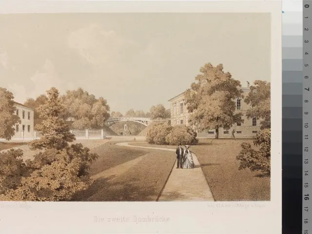 The image shows a drawing of a park with people walking in it, surrounded by trees, buildings, a...