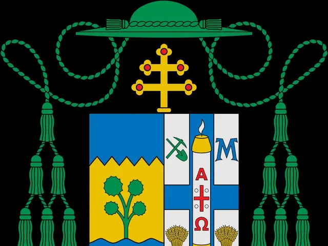 The image shows the coat of arms of the Catholic Church, which consists of a shield with a cross in...