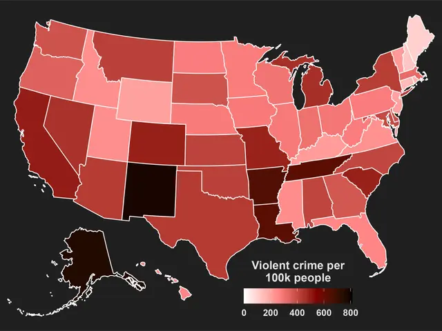The image shows a map of the United States with the percentage of violent crime per 100k people in...