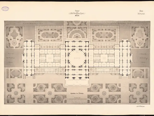 The image shows a plan of a large building with a lot of rooms, including the ground floor plan of...