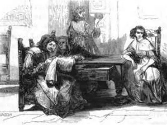 The image shows a black and white drawing of a group of people sitting around a table in a room,...