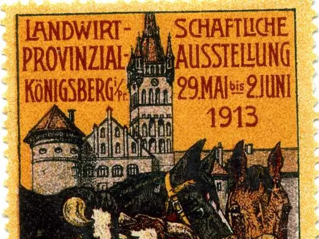 The image shows a stamp from Germany circa 1913 depicting three cows and a castle, with the text...