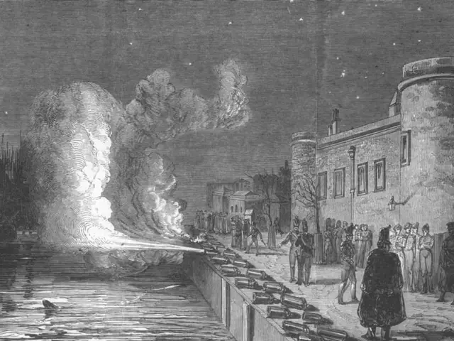 The image shows a black and white drawing of a fire burning in front of a building, with people...