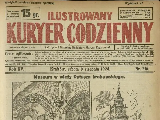 The image shows an old newspaper with a picture of a building on it, which is the front page of the...