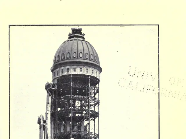 The image shows a black and white photo of the ruins of the Magnificent City Hall in San Francisco,...