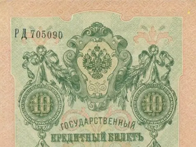 The image shows an old Russian banknote with a picture of a man on it. The banknote is a 10 ruble...