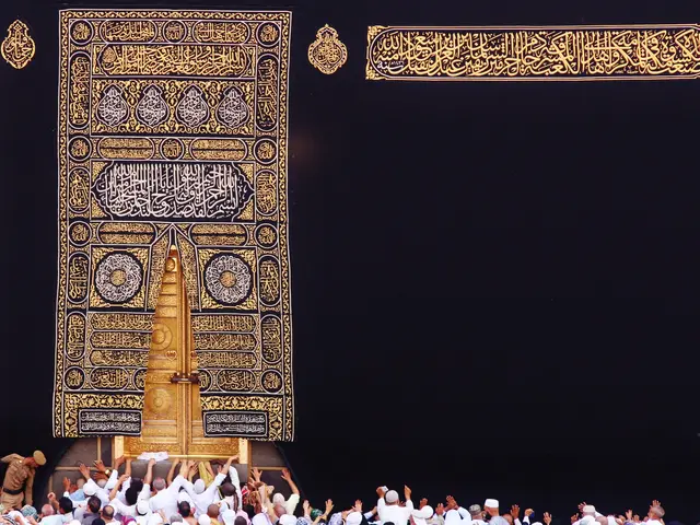 The image shows a large crowd of people standing in front of a large door with intricate Islamic...