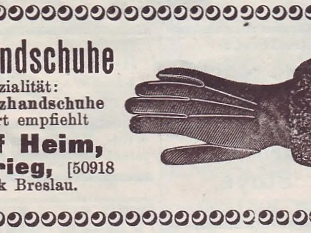 The image shows an old German business card with a picture of a pair of gloves on it. The card has...