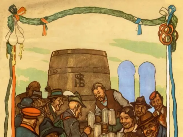 The image shows a poster advertising a beer festival in Germany. It features a group of people,...