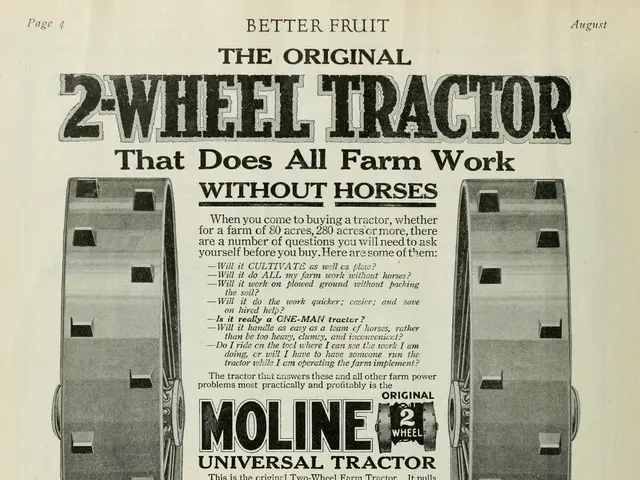 The image shows an advertisement for a two-wheel tractor that does all farm work without horses. It...