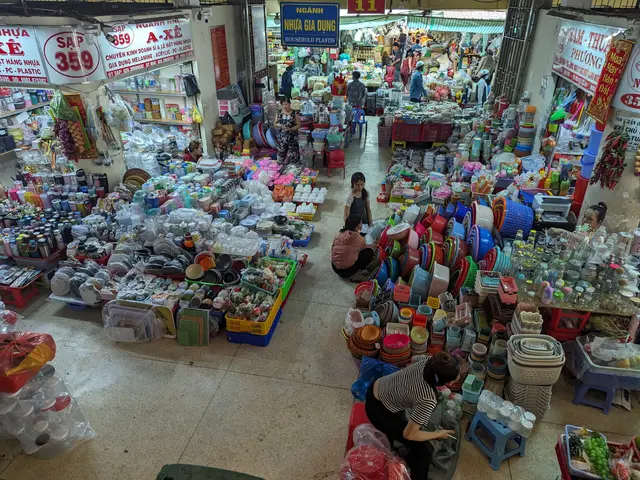 The image shows a bustling market in Ho Chi Minh City, Vietnam, with a variety of items for sale....
