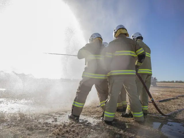 The image shows a group of firefighters wearing helmets and holding hoses, spraying water on a...